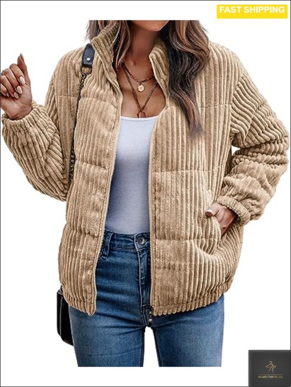 Women's Corduroy Quilted Bomber Jacket Ribbed Zip Up Winter Coat with Pockets